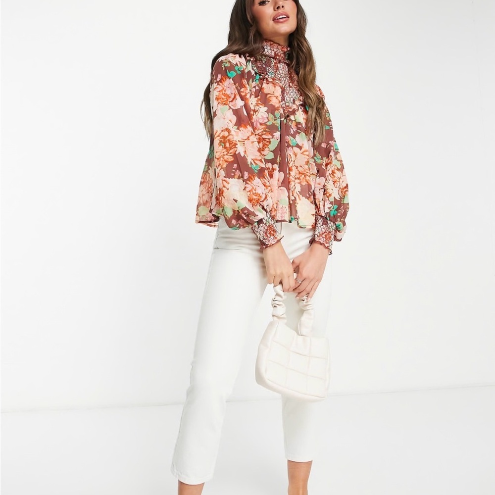ASOS DESIGN High Neck Shirred Long Sleeve Blouse with Frill Detail - Picture 6 of 6